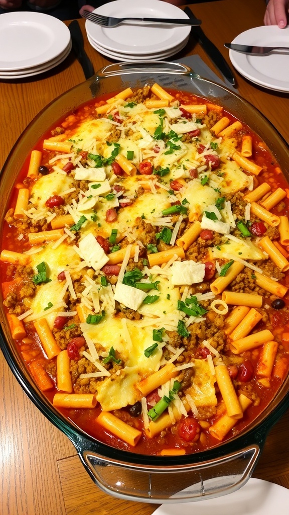 A hearty casserole with pasta, meat, beans, and cheese, garnished with herbs, on a rustic table.